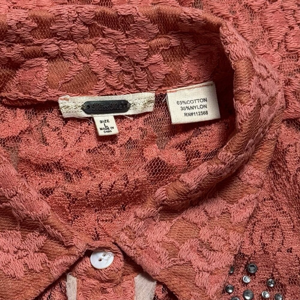 Y2K‎ Miss Me Boho Rhinestone Lace Button up Blouse Cottagecore Rodeo Country L - Picture 8 of 11
